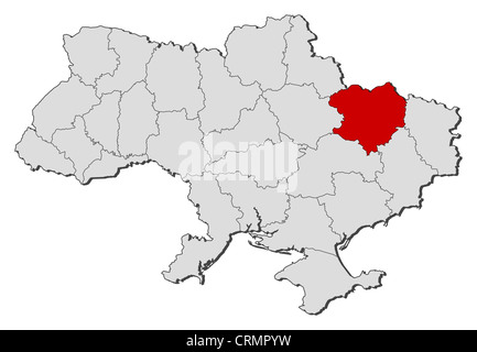 Political map of Ukraine with the several oblasts where Kharkiv is highlighted. Stock Photo