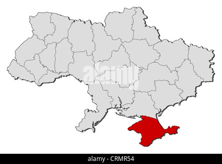 Political map of Ukraine with the several oblasts where Crimea is highlighted. Stock Photo