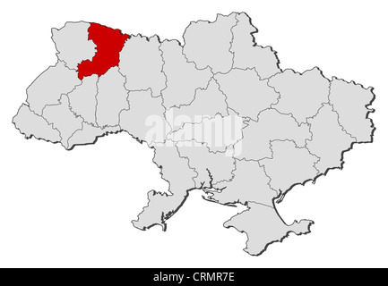 Political map of Ukraine with the several oblasts where Rivne is highlighted. Stock Photo