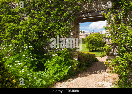 Looking through an old doorway set within a stone garden wall into the walled apple and pear fruit Orchard of Rousham House in Oxfordshire, England Stock Photo