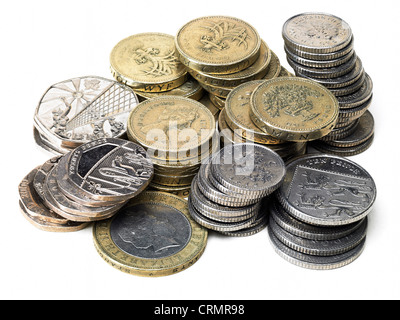 Piles of British coins, pounds and silver Stock Photo