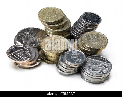 Piles of British coins, pounds and silver Stock Photo