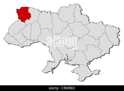 Political map of Ukraine with the several oblasts where Volyn is highlighted. Stock Photo