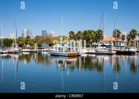 Davis island Marina with Tampa skyline in back, Tampa, Florida Stock Photo