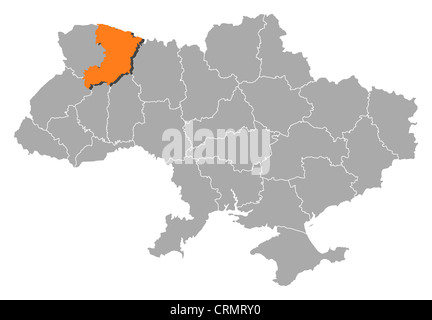 Political map of Ukraine with the several oblasts where Rivne is highlighted. Stock Photo