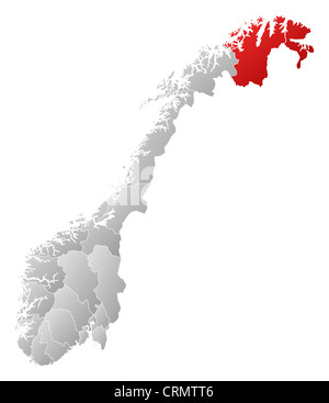 Political map of Norway with the several counties where Finnmark is highlighted. Stock Photo