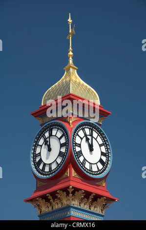 The freshly painted victorian Jubilee clock tower on Weymouth seafront was erected in 1887 to mark fifty years of Queen Victoria’s reign. Dorset, UK. Stock Photo