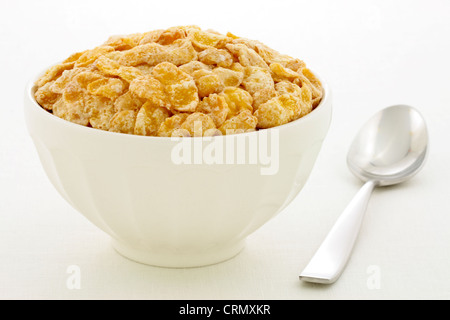 delicious and healthy frosted with sugar corn flakes, served in a beautiful French Cafe au Lait Bowl Stock Photo