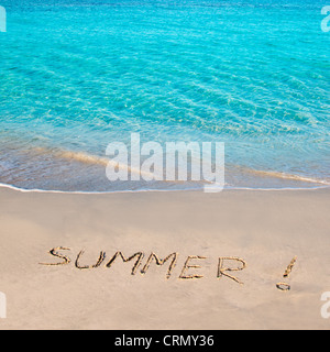 Caribbean tropical beach with Summer word written in sand Stock Photo