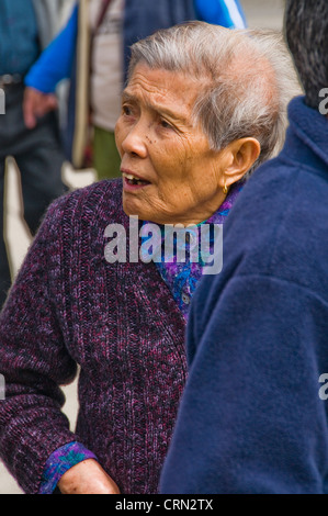 Expressive older Asian woman with head of gray hair Stock Photo