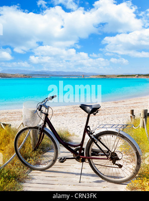 Bicycle in formentera beach on Balearic islands at Illetes Illetas Stock Photo