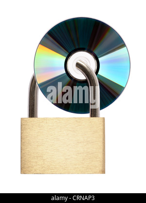 Digital data security concept. Locked CD isolated on white. Stock Photo