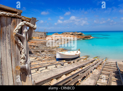 Es Calo de San Agusti port in Formentera island wooden boat railways Stock Photo