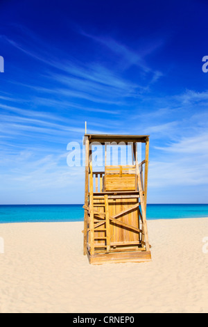 Formentera Llevant beach lifeguard house in white sand and turquoise idyllic water Stock Photo