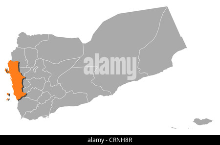 Political map of Yemen with the several governorates where Al Hudaydah is highlighted. Stock Photo