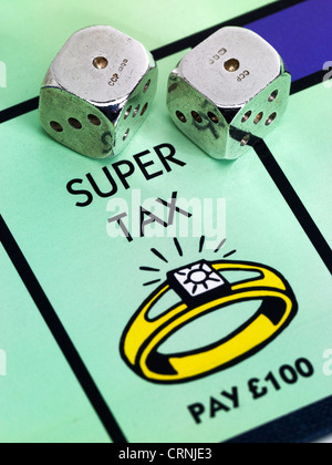 A Monopoly game board showing Super Tax Stock Photo