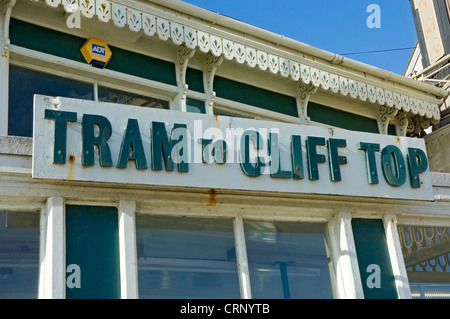 Tram to Cliff Top sign on the South Cliff Lift, one of 2 surviving cliff railways in Scarborough still open to the public. Stock Photo