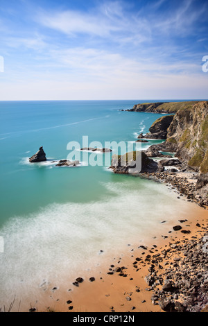 Rugged Cornish coastline at Bedruthan Steps named after a mythological giant 'Bedruthan' who was said to have used rock stacks o Stock Photo