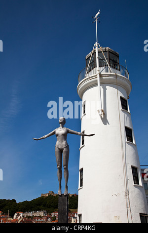 The Diving Belle by Craig Knowles next to the Lighthouse on Scarborough's West Pier. Stock Photo