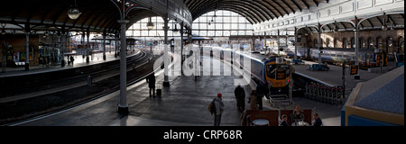 Panoramic view inside Newcastle Central Station on the East Coast Main Line. Stock Photo