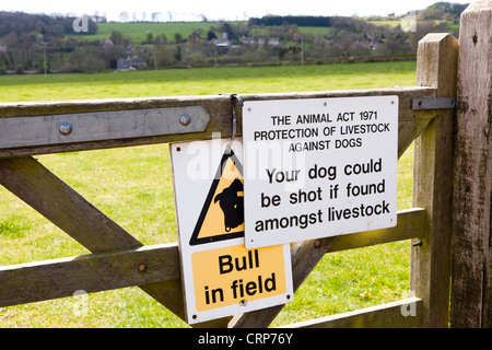 Warning notices on a gate to a field of grazing land crossed by a public footpath at Great Barrington, Gloucestershire Stock Photo