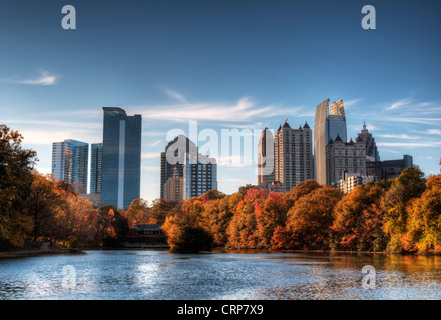 Skyline and reflections of midtown Atlanta, Georgia in Lake Meer from Piedmont Park. Stock Photo