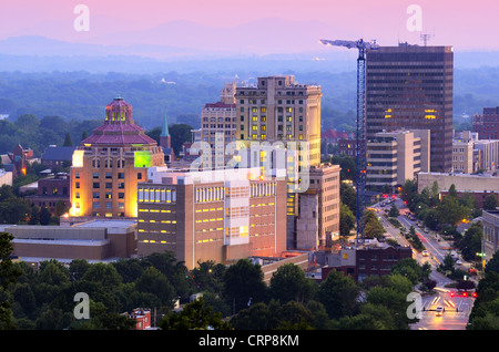 Asheville, North Carolina skyline nestled in the Blue Ridge Mountains.