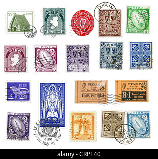 Postage stamps and labels from Ireland, mostly vintage, showing national symbols Stock Photo