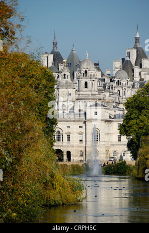 Horse Guards Parade and Whitehall buildings from St James's Park. Stock Photo