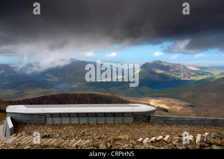 View across Snowdonia from Hafod Eryri, the visitor centre at the summit of Snowdon. Stock Photo