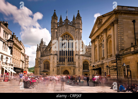 Tourists outside The Roman Baths and Bath Abbey. Stock Photo