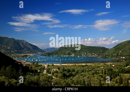 Vlychos bay, very popular anchorage for skippers, Lefkada (or 'Lefkas') island, Ionian sea, Greece. In the BG, Nydri town. Stock Photo