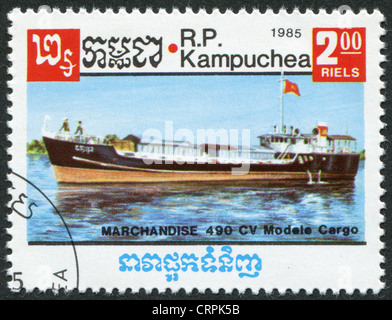 KAMPUCHEA-CIRCA 1985: A stamp printed in the Cambodia, depicts Freighter, model 1949 CV, circa 1985 Stock Photo