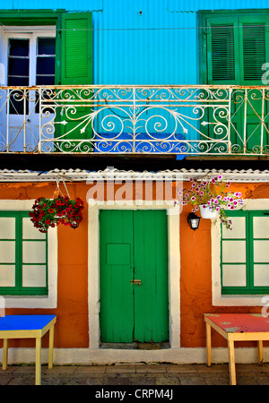 Colorful facade in the old part of Lefkada (or 'Lefkas') town (often called the Greek 'Boca'), Lefkada island, Greece Stock Photo