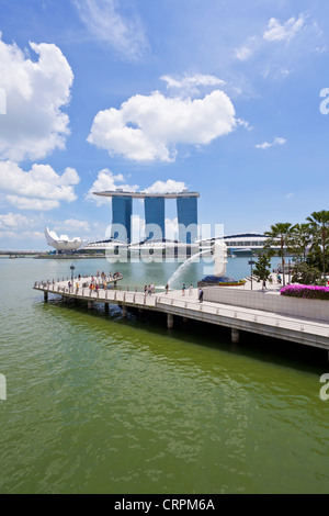The Merlion Statue with the Marina Bay Sands in the background, Marina Bay, Singapore, South East Asia Stock Photo