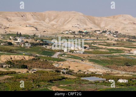 View of Jordan Valley farmland from the Mount of Temptation, Jericho, West Bank, Palestine Stock Photo