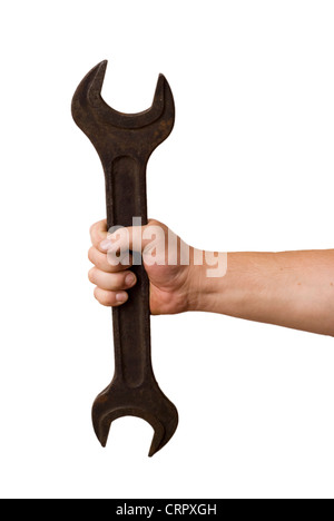wrench in a hand isolated over white background Stock Photo