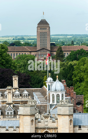 View across college rooftops to the Cambridge University library building tower UK Stock Photo
