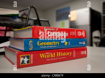 Piles of textbooks at KIPP Sunnyside High School, a public charter school in Houston, Texas Stock Photo