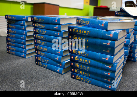 Piles of Biology  textbooks at KIPP Sunnyside High School, a public charter school in Houston, Texas Stock Photo