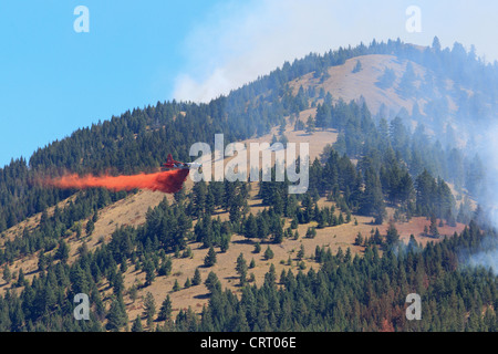 A U.S. Forest Service Airplane drops chemical suppressant on a forest fire near Bonner, Montana, USA. Stock Photo