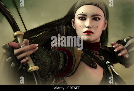 a young asian woman with bow and arrow Stock Photo