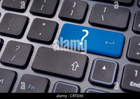 concepts of questions or computer errors, with a question on enter key of keyboard. Stock Photo