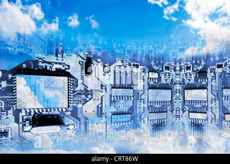 Circuit Board Superimposed on Cloudy Sky- Conceptual Image of Cloud Computing Stock Photo