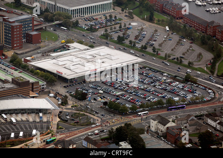 Aerial view of The Tesco Marina supermarket store in Swansea City centre in south Wales Stock Photo