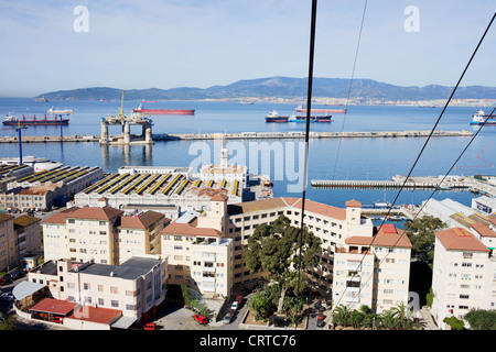 View from a cable car on an urban scenery of Gibraltar town and bay. Stock Photo