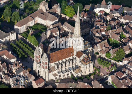 AERIAL VIEW. Saint-Lazarus Cathedral. Autun, Saône-et-Loire, Bourgogne-Franche-Comté, France. Stock Photo