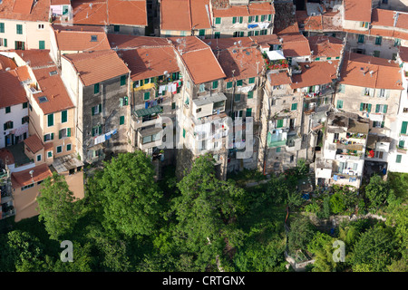 AERIAL VIEW. The old town of Ventimiglia Alta. Italian Riviera, Province of Imperia, Liguria, Italy. Stock Photo