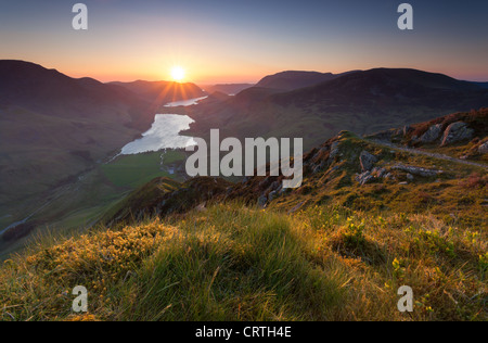 A view of Buttermere at sunset, from the summit of Fleetwith Pike in the Lake District. Stock Photo