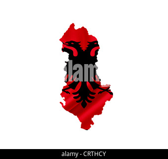 Map of Albania with waving flag isolated on white Stock Photo